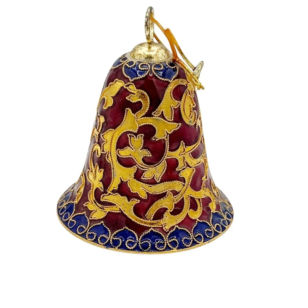 2 VTG Cloisonné Enamel Bell Ornaments Red & Gold Floral Scrollwork Gilt Brass 3